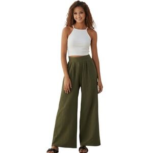 100% Cotton Wide Leg Pants Olive Smocked Waist Relaxed Resort L NWT |NOFLICK